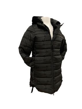 Desigual Womens Long Black Hooded Puffer Jacket Size 36 With Side Lace Details